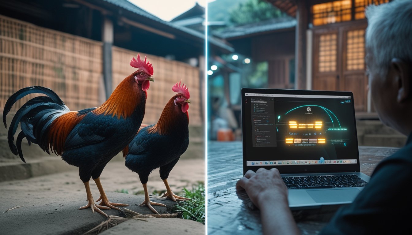 Dua ayam jantan berdiri tenang di halaman tradisional, sementara seseorang melihat perangkat digital yang menampilkan antarmuka abstrak.