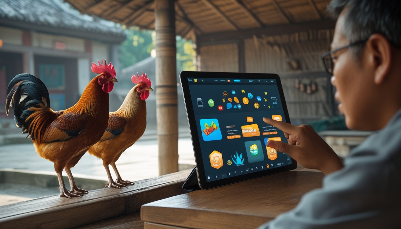 Orang-orang mengamati perangkat digital di dekat kandang ayam jantan dalam suasana yang memadukan tradisi dan teknologi.