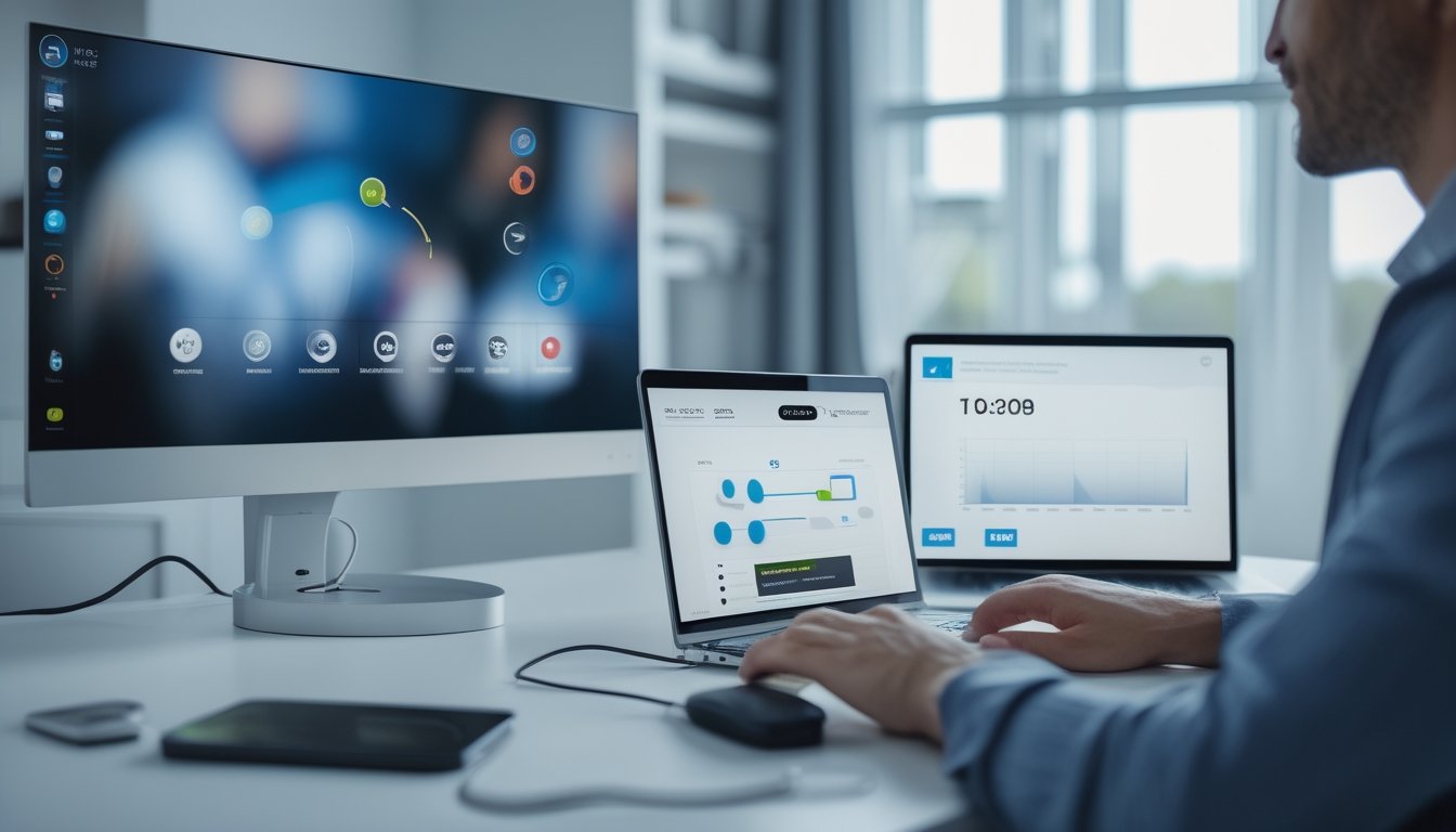 Seseorang memeriksa koneksi internet saat menonton siaran langsung di komputer dengan router dan ponsel di meja.
