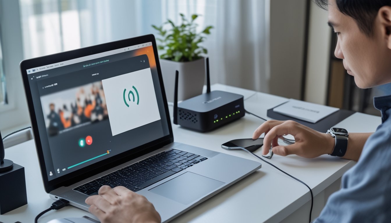 Seseorang memeriksa koneksi internet dan perangkat streaming di meja kerja.