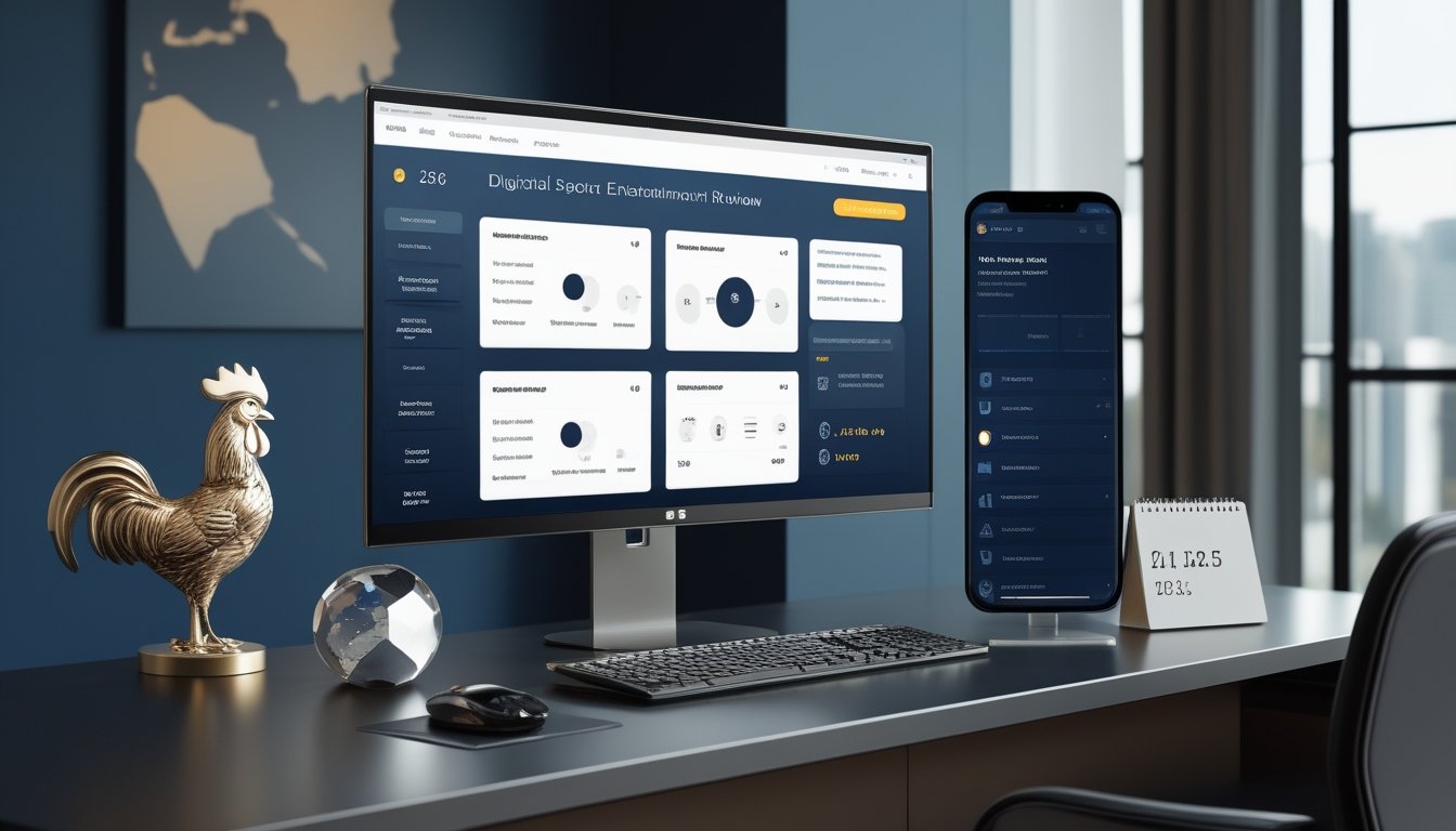 Monitor dan ponsel menampilkan antarmuka digital abstrak bertema olahraga dengan dekorasi siluet ayam jantan di meja modern.