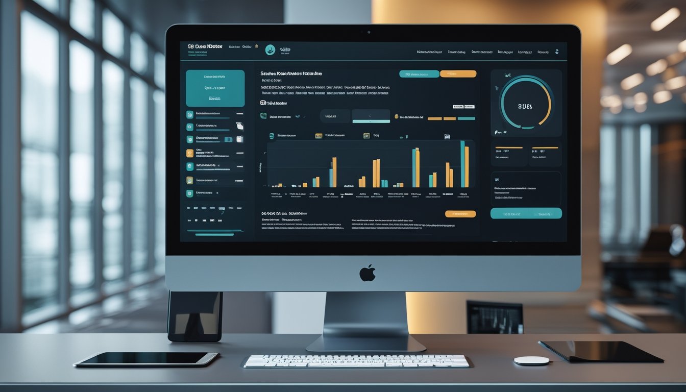 Perangkat digital menampilkan antarmuka platform olahraga abstrak di ruang kerja modern.