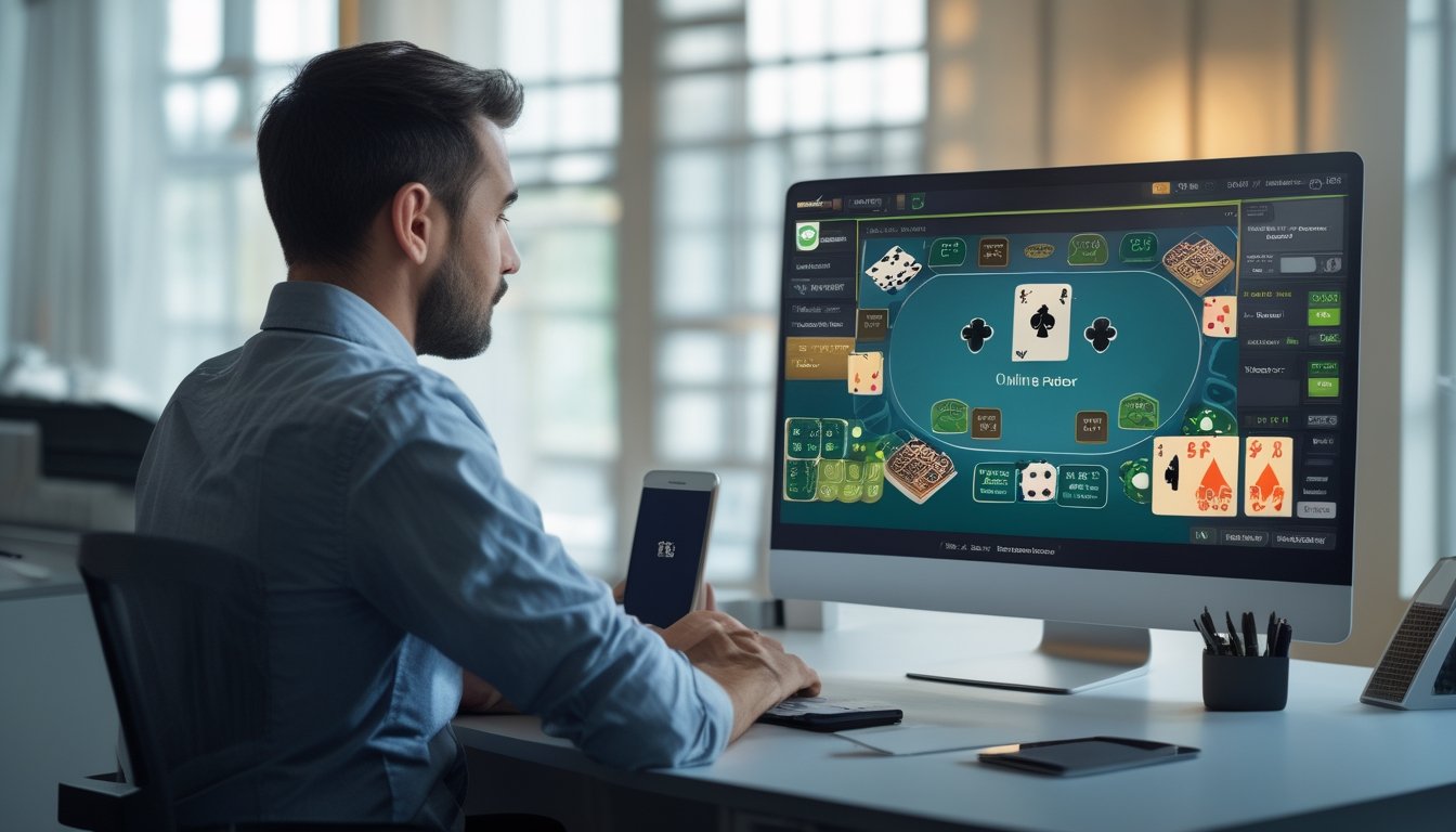 Seorang pemula mempelajari permainan poker online di depan komputer dengan kartu dan keping poker di meja.