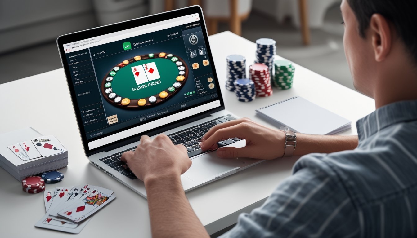 Pemula mempelajari aturan dan kombinasi kartu poker di depan laptop dengan kartu serta keping poker di atas meja.