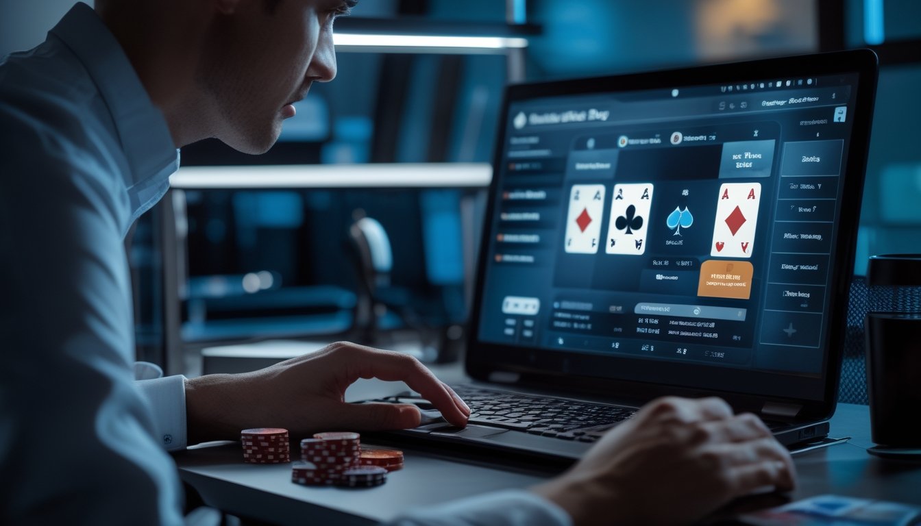Pemain poker fokus mempelajari meja poker online di laptop sambil memegang keping poker.