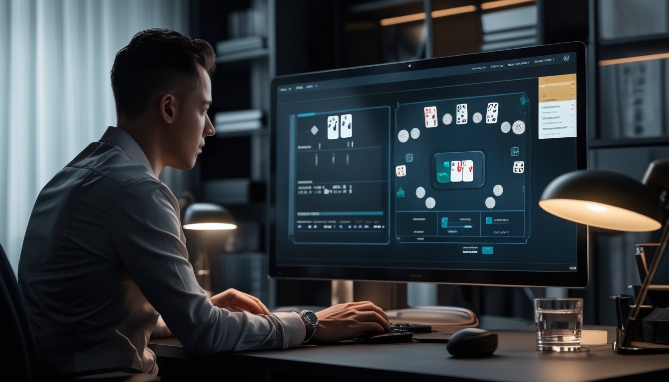 Seorang pemain poker menganalisis meja poker digital dengan tenang di depan komputer.