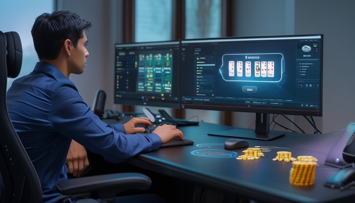 Seorang pemain mempelajari permainan poker online di depan komputer dengan kartu dan keping poker di meja.