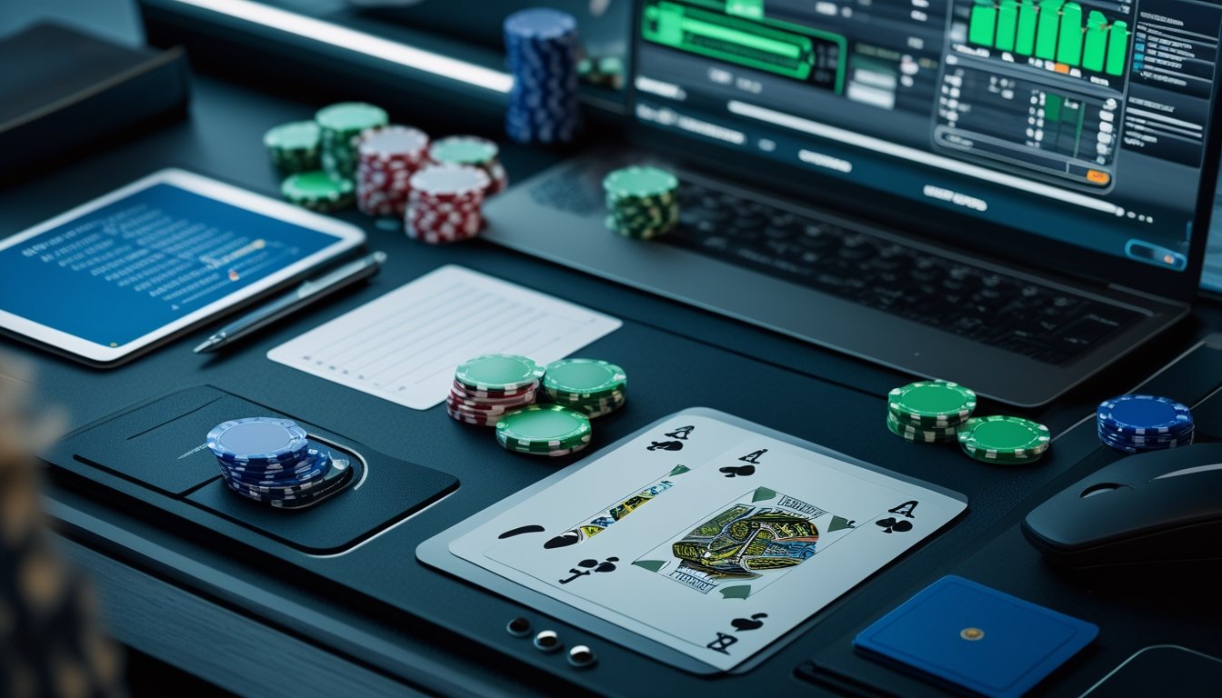 Meja poker dengan kartu, keping taruhan, kalkulator, dan laptop yang menampilkan grafik analisis peluang.