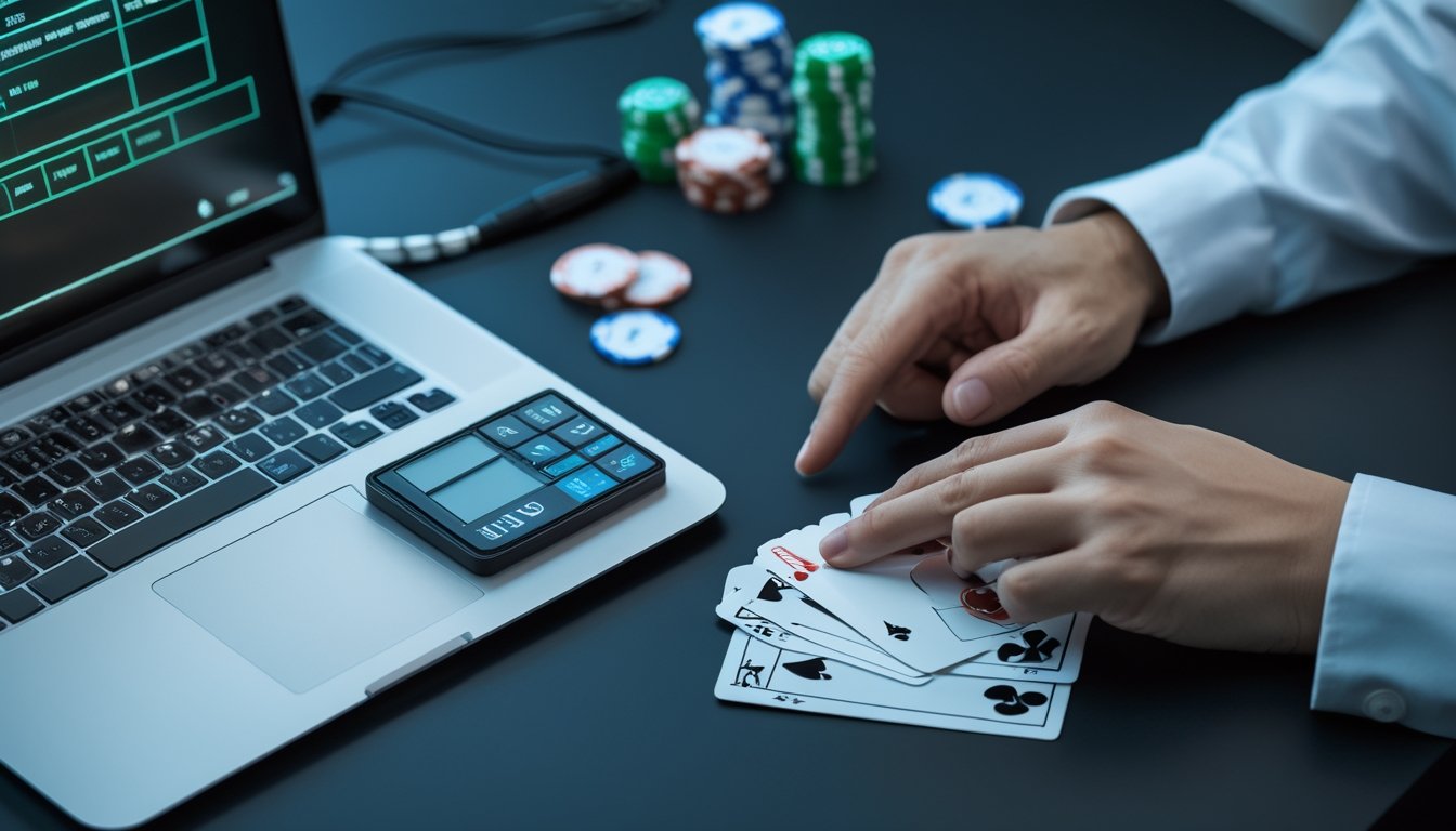 Seseorang menganalisis kartu poker, chip, dan kalkulator di depan laptop.