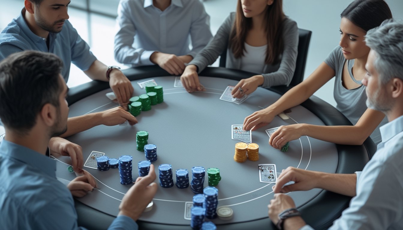 Beberapa pemain dewasa mempelajari kartu dan posisi taruhan di meja poker dengan suasana serius dan teratur.