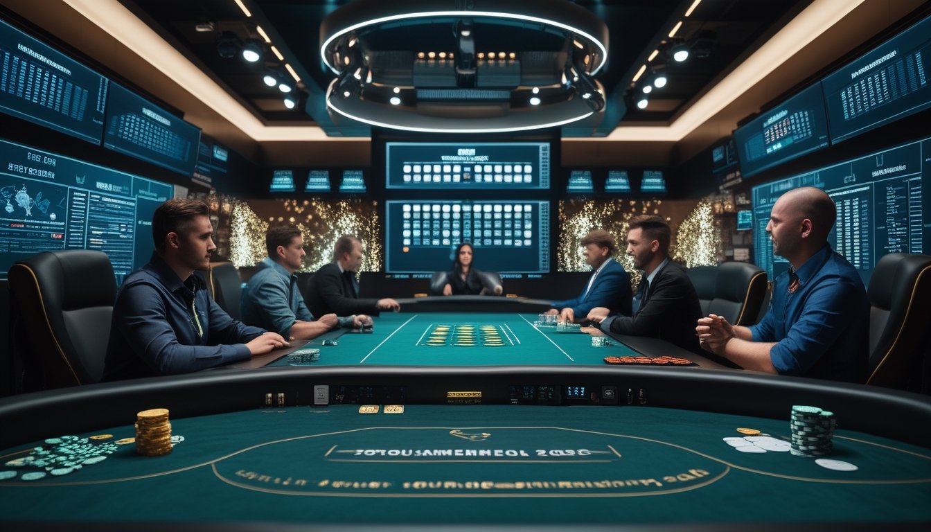 Meja poker profesional dengan kartu dan chip di depan layar digital yang menggambarkan jaringan turnamen global.