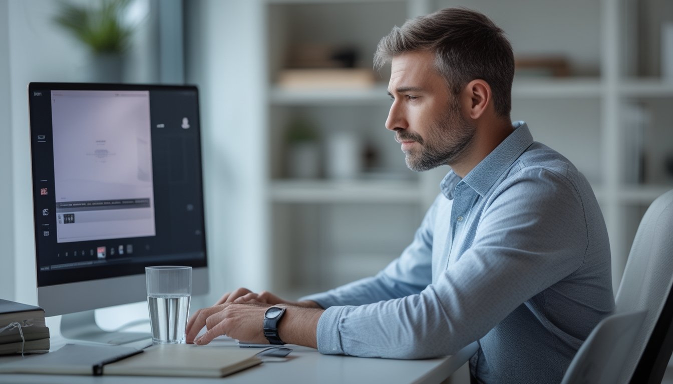 Pemain poker online duduk tenang di depan laptop sambil mengatur napas dan menjaga fokus.