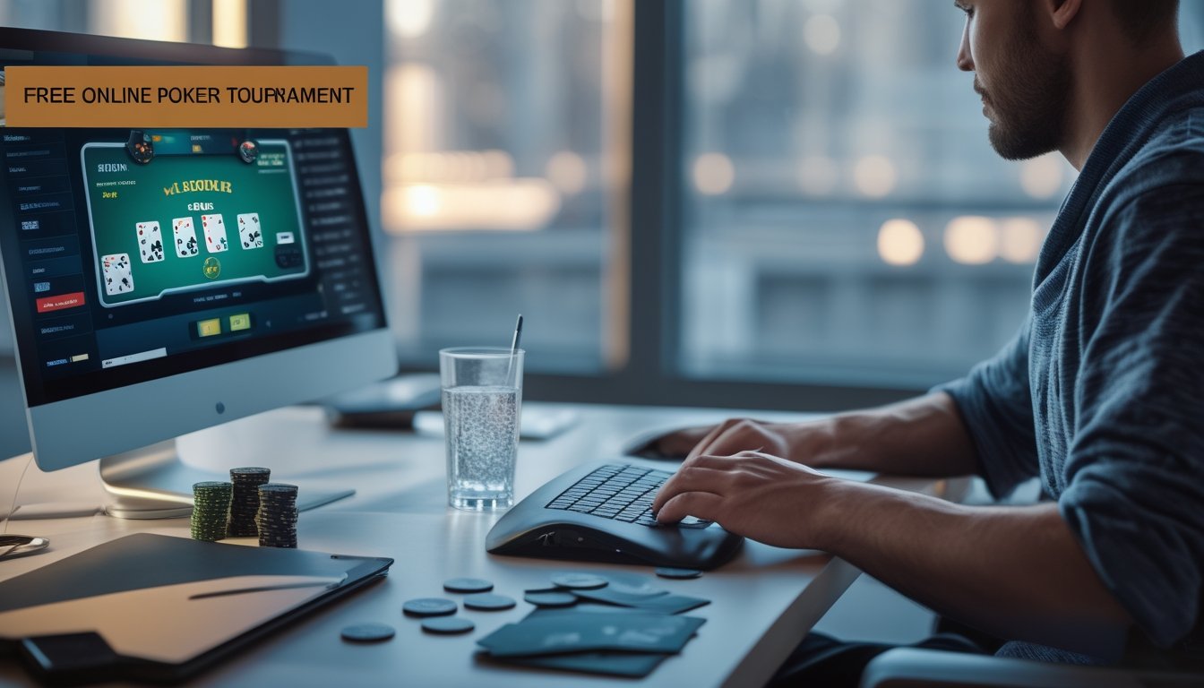 Seorang pemain poker sedang fokus mempelajari meja poker digital dengan kartu, keping poker, dan catatan kosong di depannya.