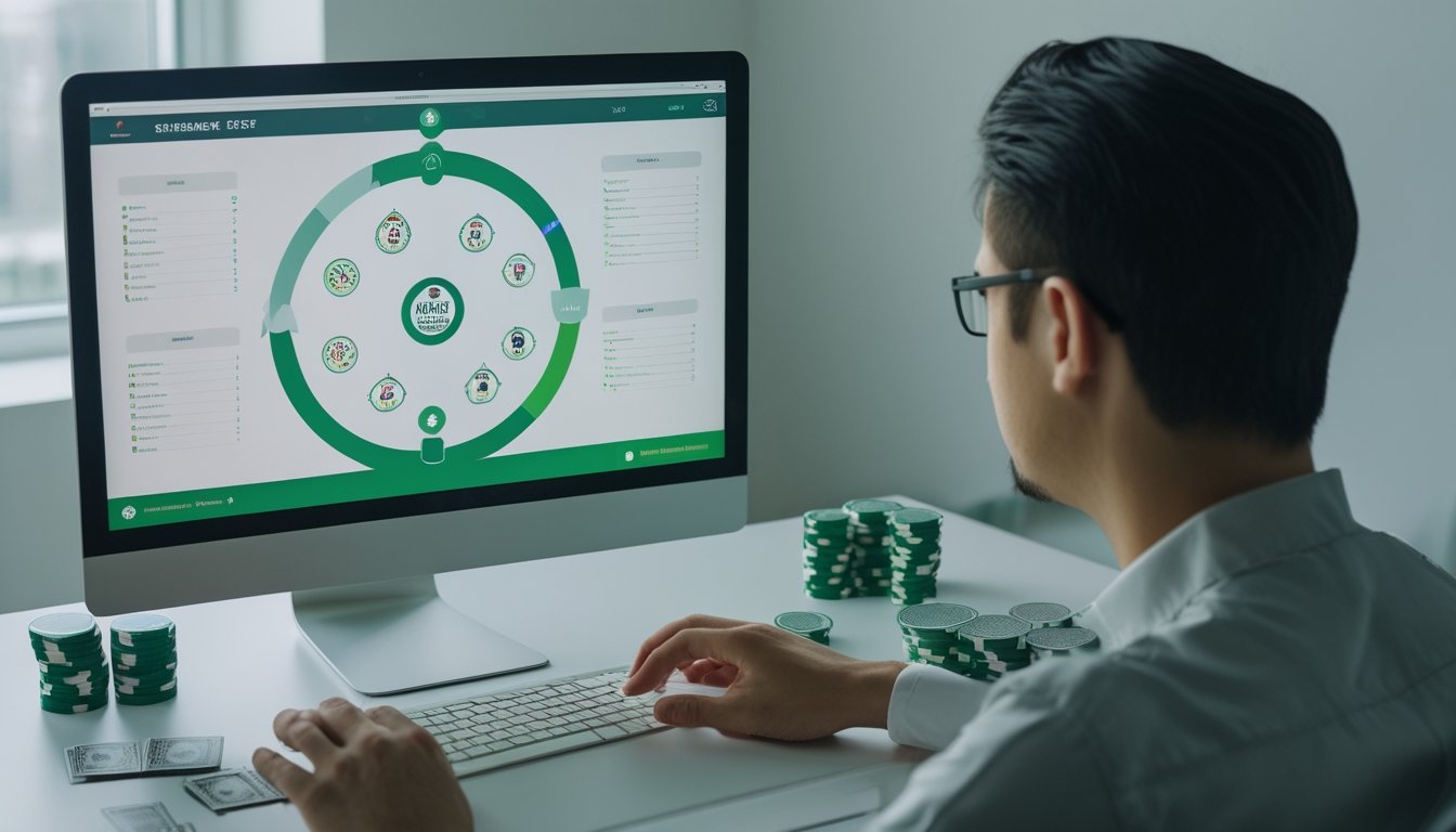 Pemain poker mempelajari turnamen online di laptop dengan kartu dan keping poker di meja.