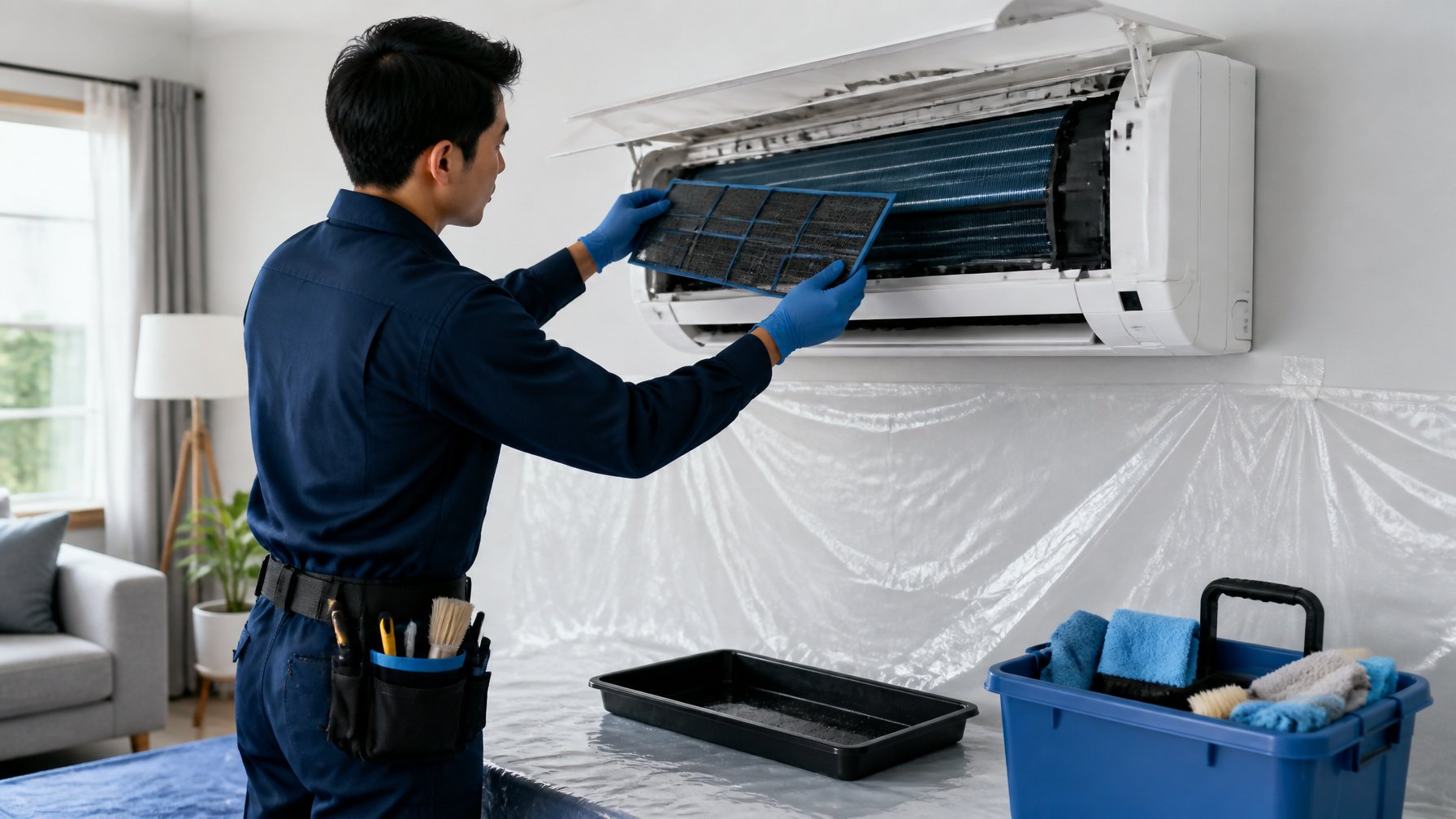 Technician cleaning a wall-mounted air conditioner in a tidy room.