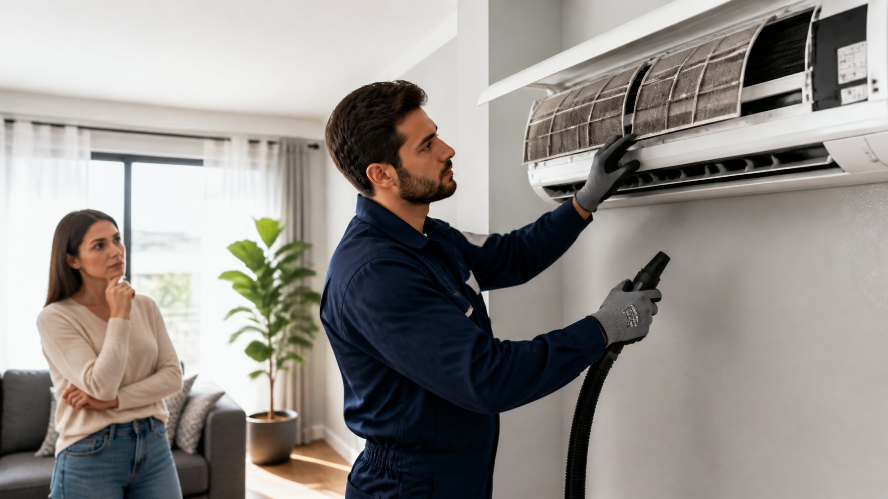 A technician inspects and cleans an air conditioning unit in a tidy modern home while a homeowner observes.