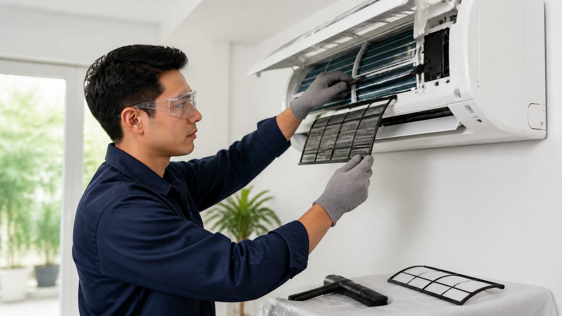 An HVAC technician cleaning and inspecting a wall-mounted air conditioner in a modern room.