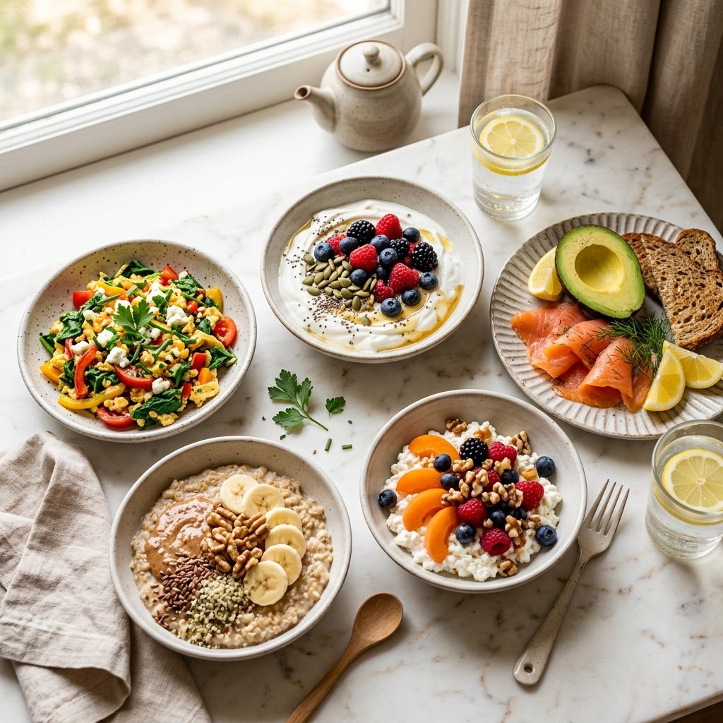 A selection of high-protein breakfasts arranged on a white marble surface, including eggs, yogurt with berries, smoked salmon toast, cottage cheese with fruit, and oatmeal.