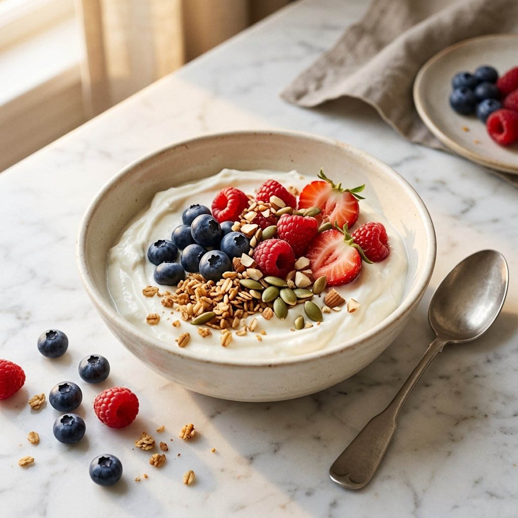 A bowl of Greek yogurt topped with berries, granola, seeds, and chopped almonds on a white marble surface.