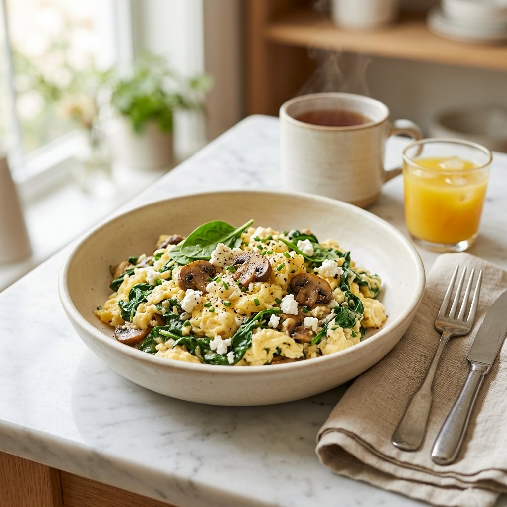 A bowl of scrambled eggs with spinach, mushrooms, and crumbled feta on a white marble surface.