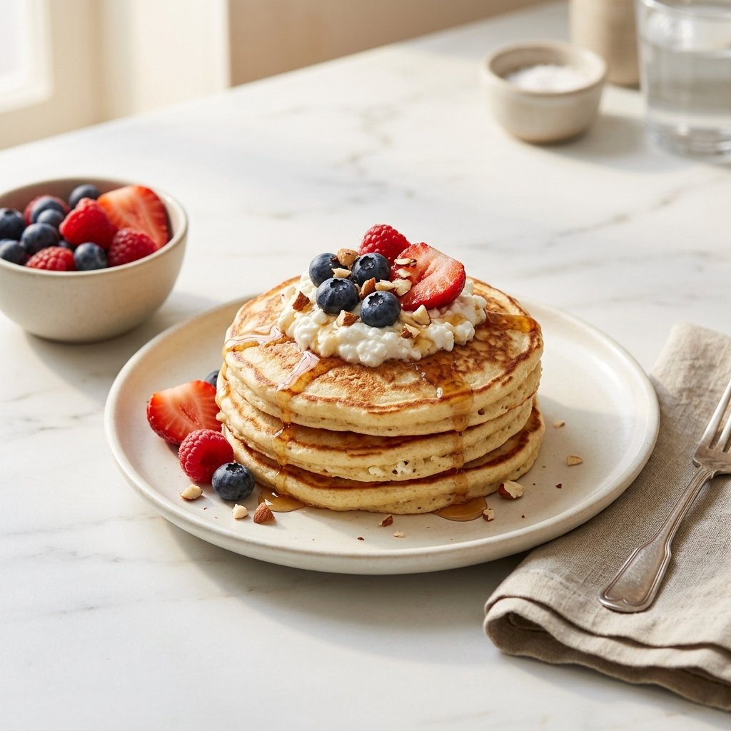 A stack of cottage cheese protein pancakes topped with berries and maple syrup on a white plate.