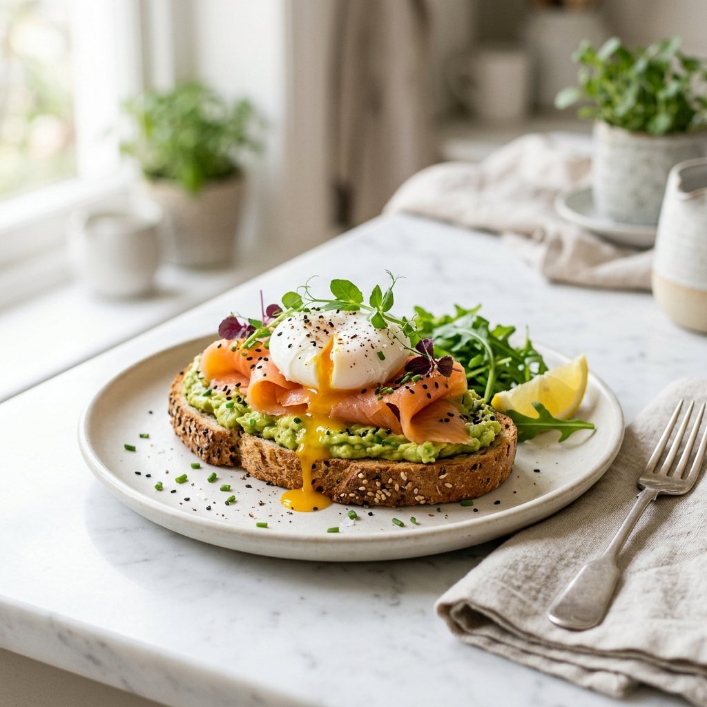 A slice of avocado toast topped with smoked salmon, a soft egg, chives, and microgreens on a white plate.