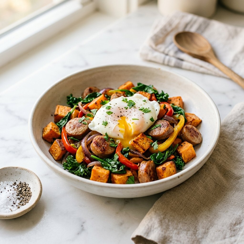 A bowl of turkey sausage and sweet potato hash topped with a soft-cooked egg.
