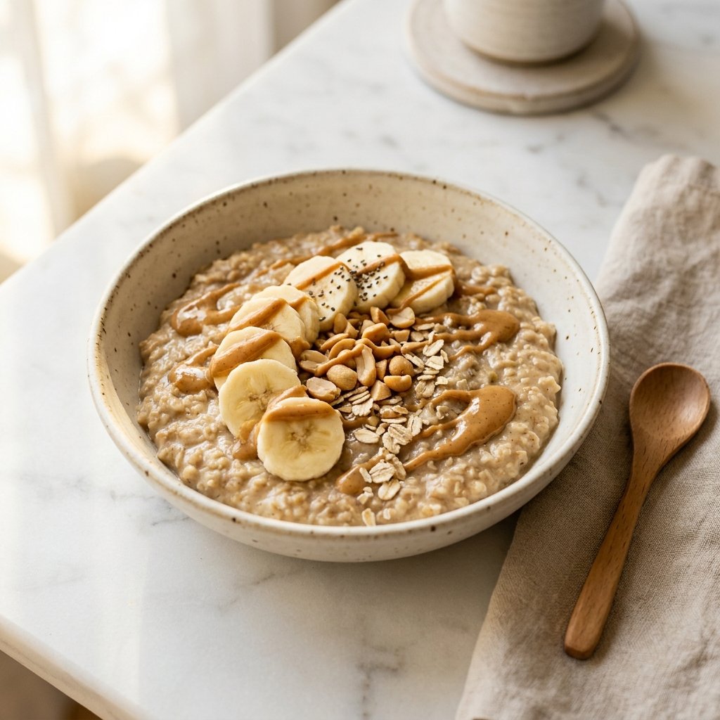 A bowl of creamy peanut butter banana oats topped with banana slices, peanut butter, chopped peanuts, and oat flakes on a white marble surface.