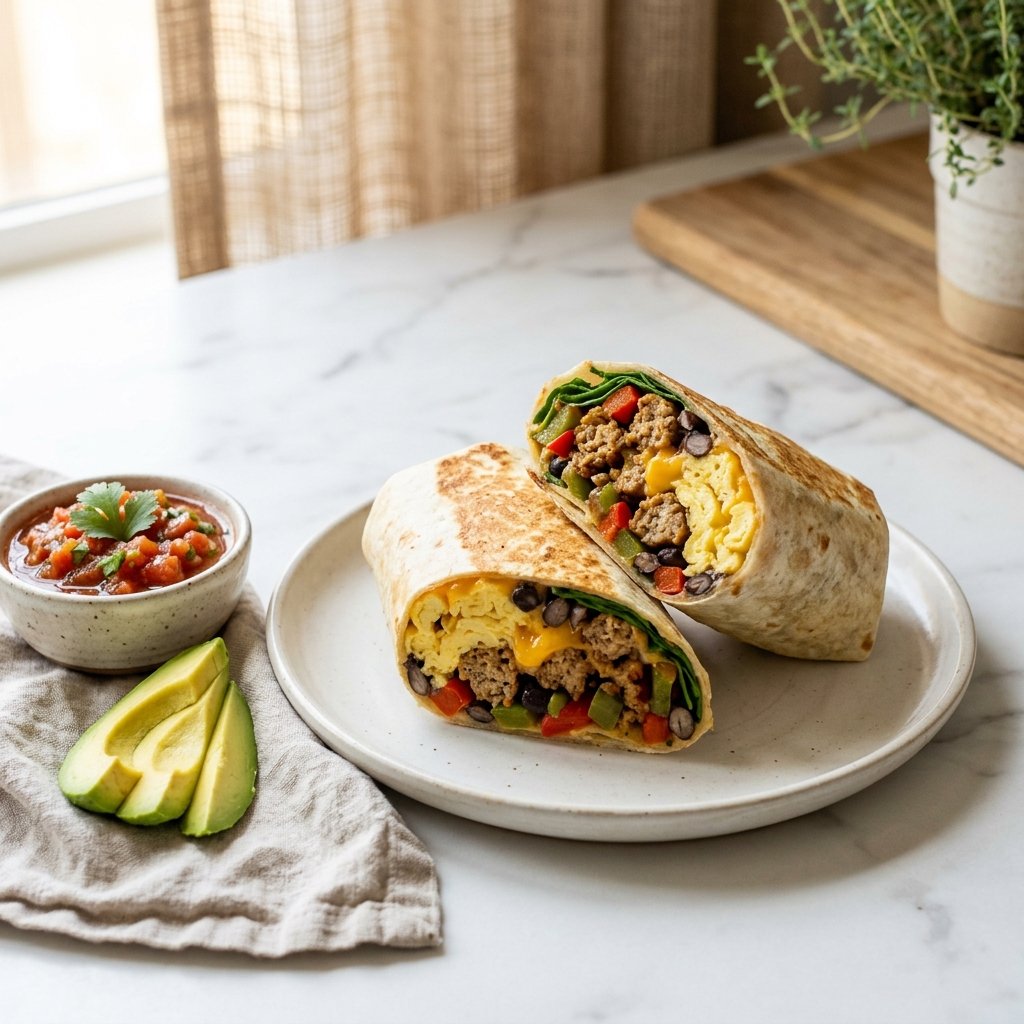 A sliced chicken sausage breakfast burrito with eggs, beans, cheese, peppers, and spinach on a white marble surface.