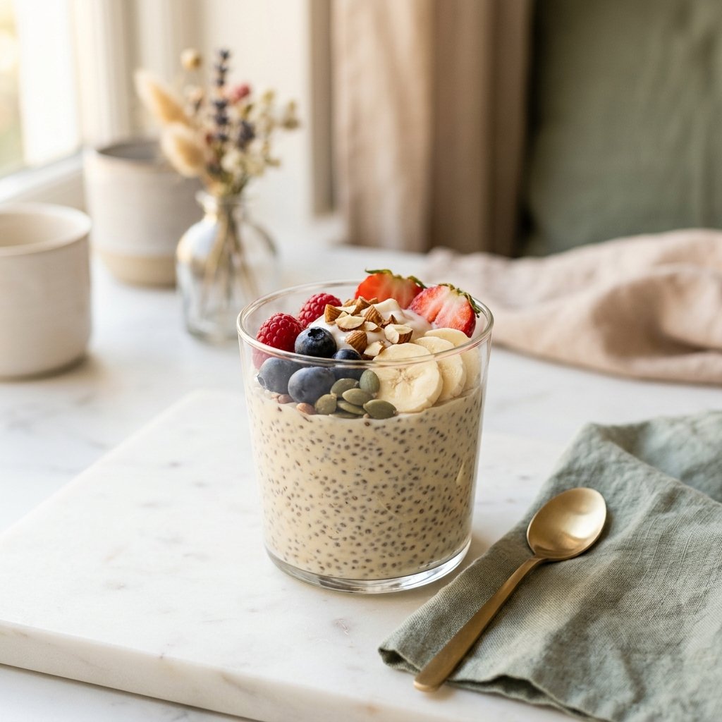 A glass of chia seed pudding topped with berries, banana slices, seeds, and almonds on a white marble surface.
