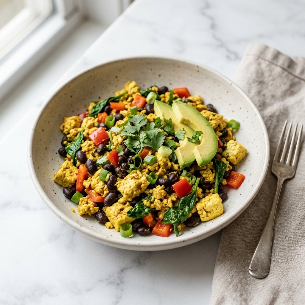 A bowl of tofu scramble with black beans, vegetables, avocado, and fresh herbs on a white marble surface.