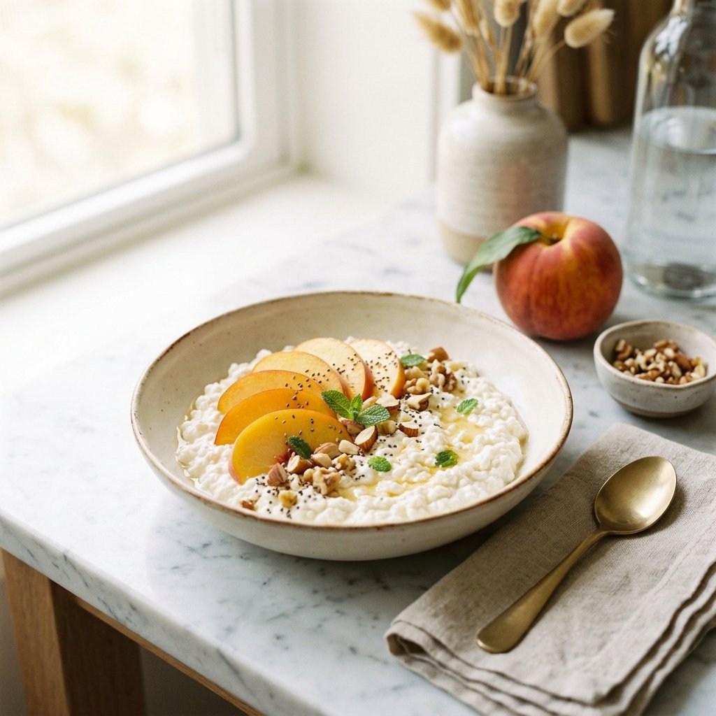 A bowl of cottage cheese topped with sliced peaches, nuts, and mint on a white marble surface.