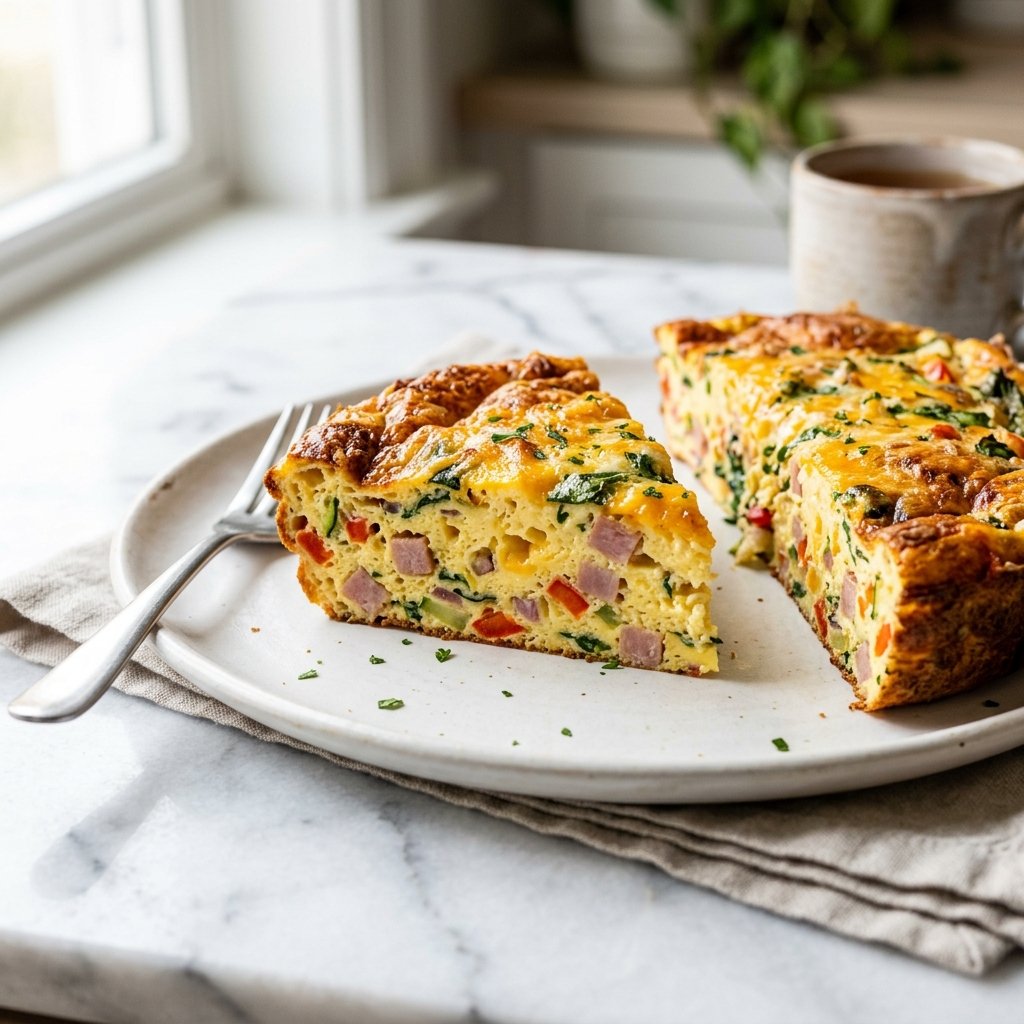 A golden slice of ham, cheese, and vegetable frittata on a white plate with a fork beside it.