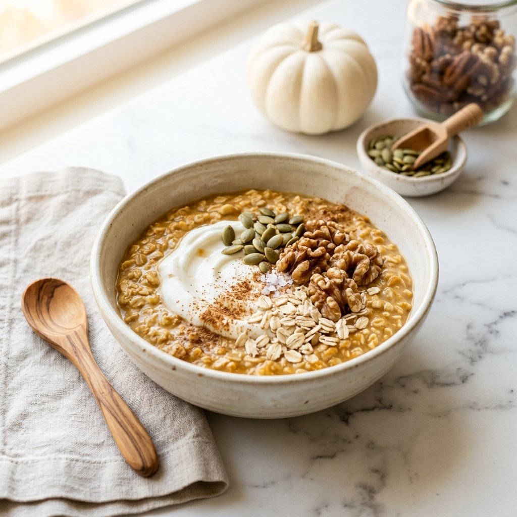 A jar of pumpkin overnight oats topped with pumpkin seeds, walnuts, yogurt, and cinnamon on a white marble surface.