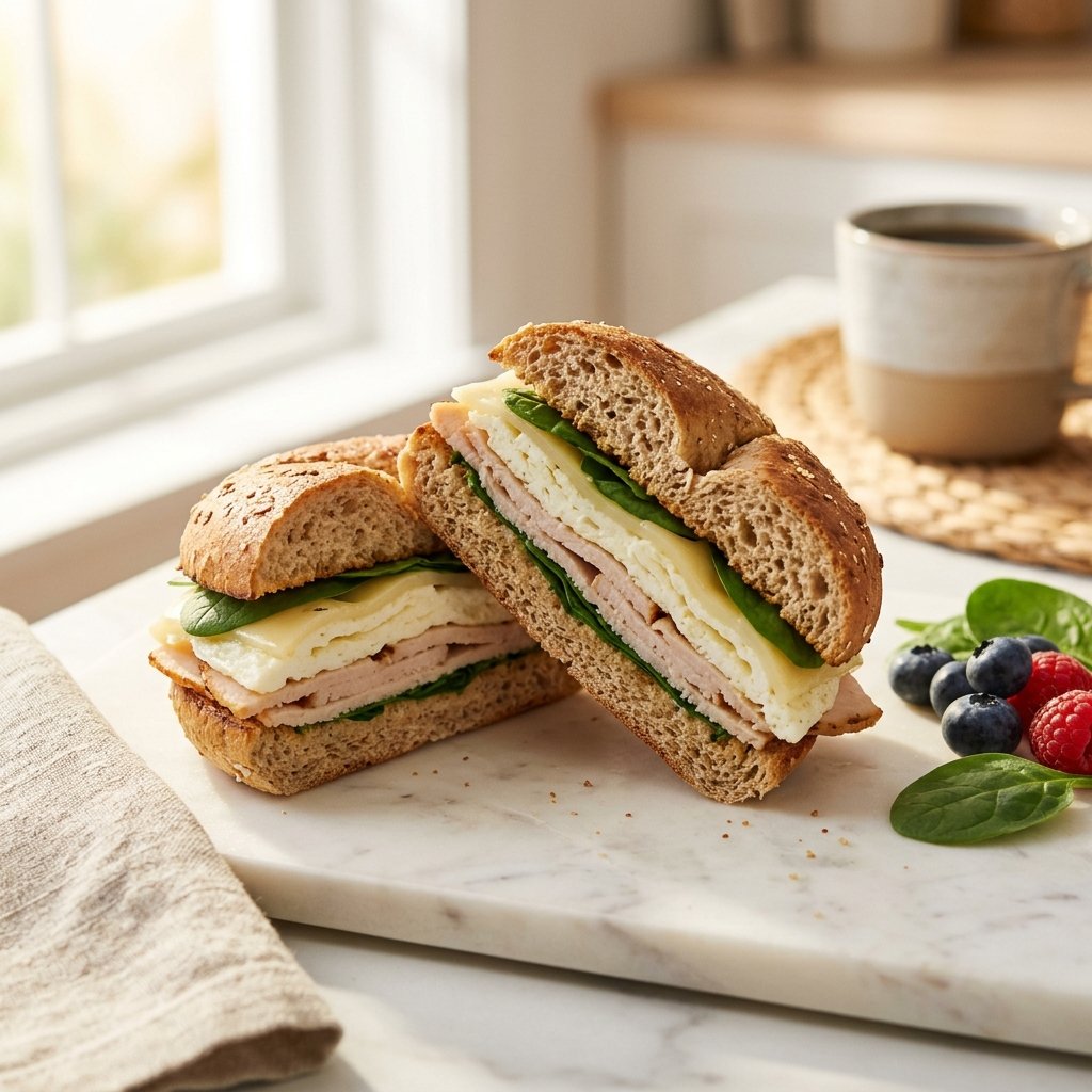 A toasted breakfast sandwich filled with egg whites, turkey, melted cheese, and spinach, cut in half on a white marble surface.