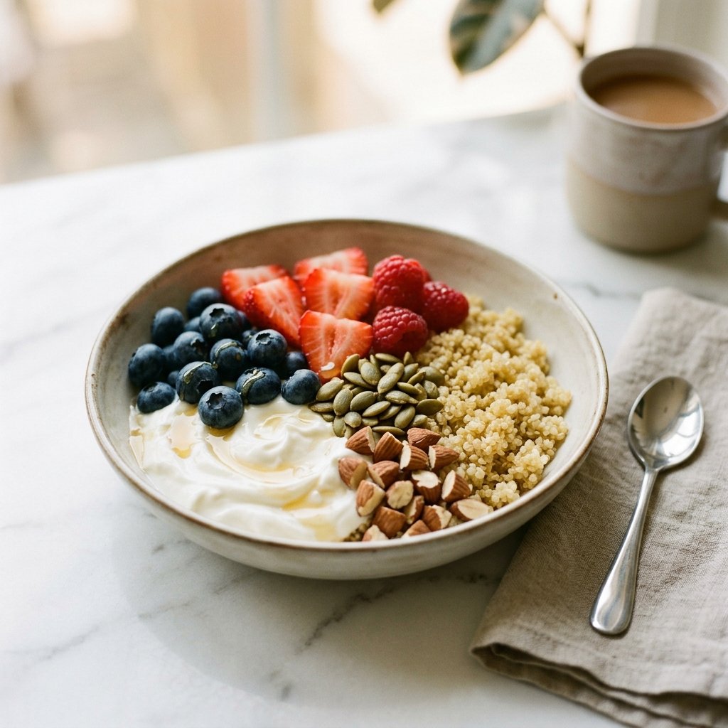 A bowl of quinoa and Greek yogurt topped with berries, nuts, and seeds on a white marble surface.