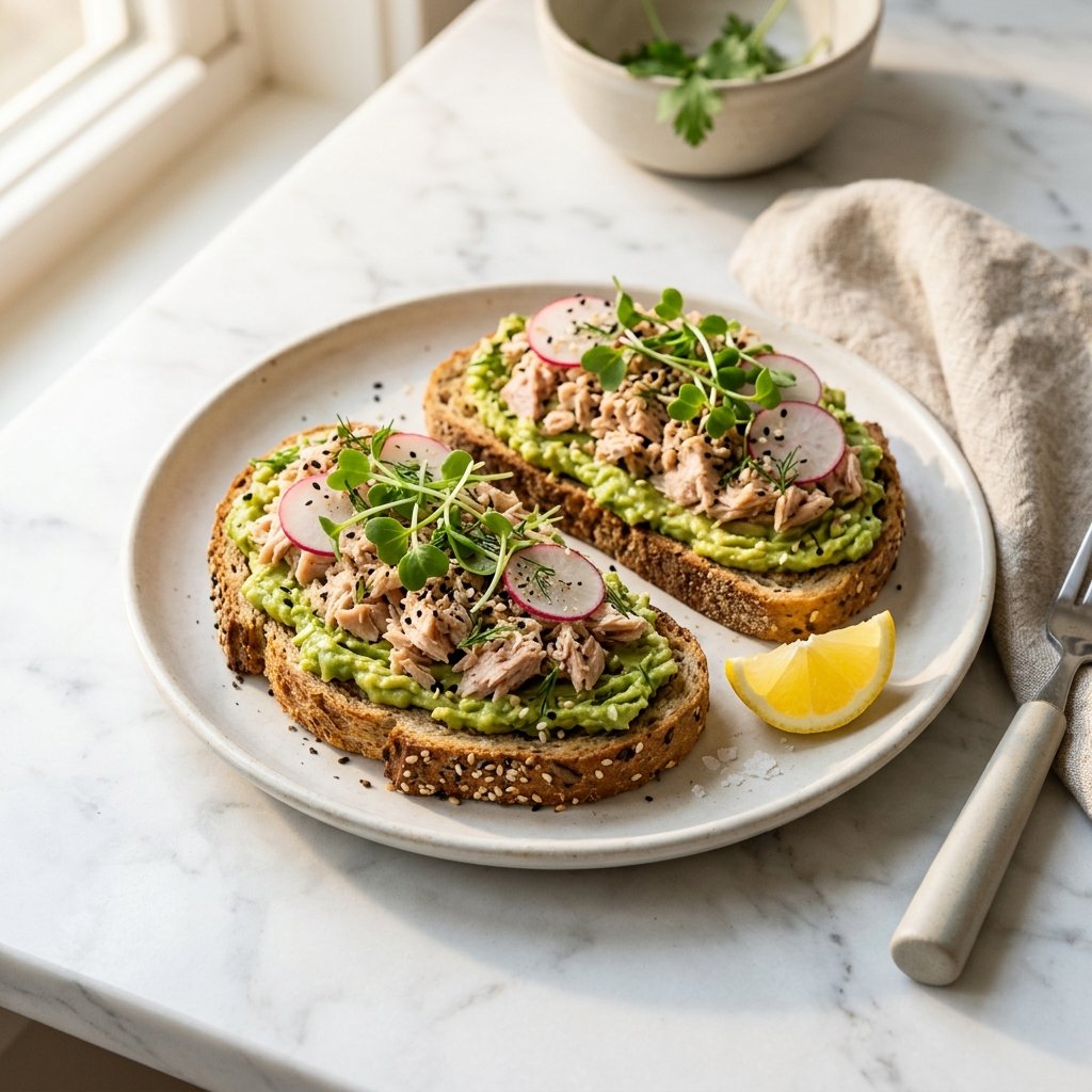 Two slices of toast topped with tuna, avocado, greens, and radish on a white plate.