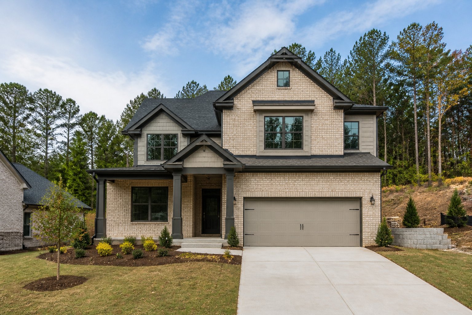 A newly built two-story suburban home with fresh landscaping and a paved driveway.