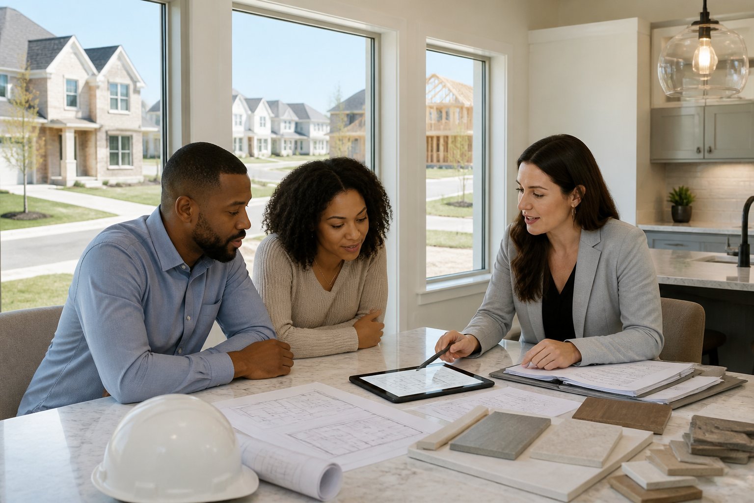 A couple meets with a real estate agent in a newly built home while reviewing floor plans and construction costs.