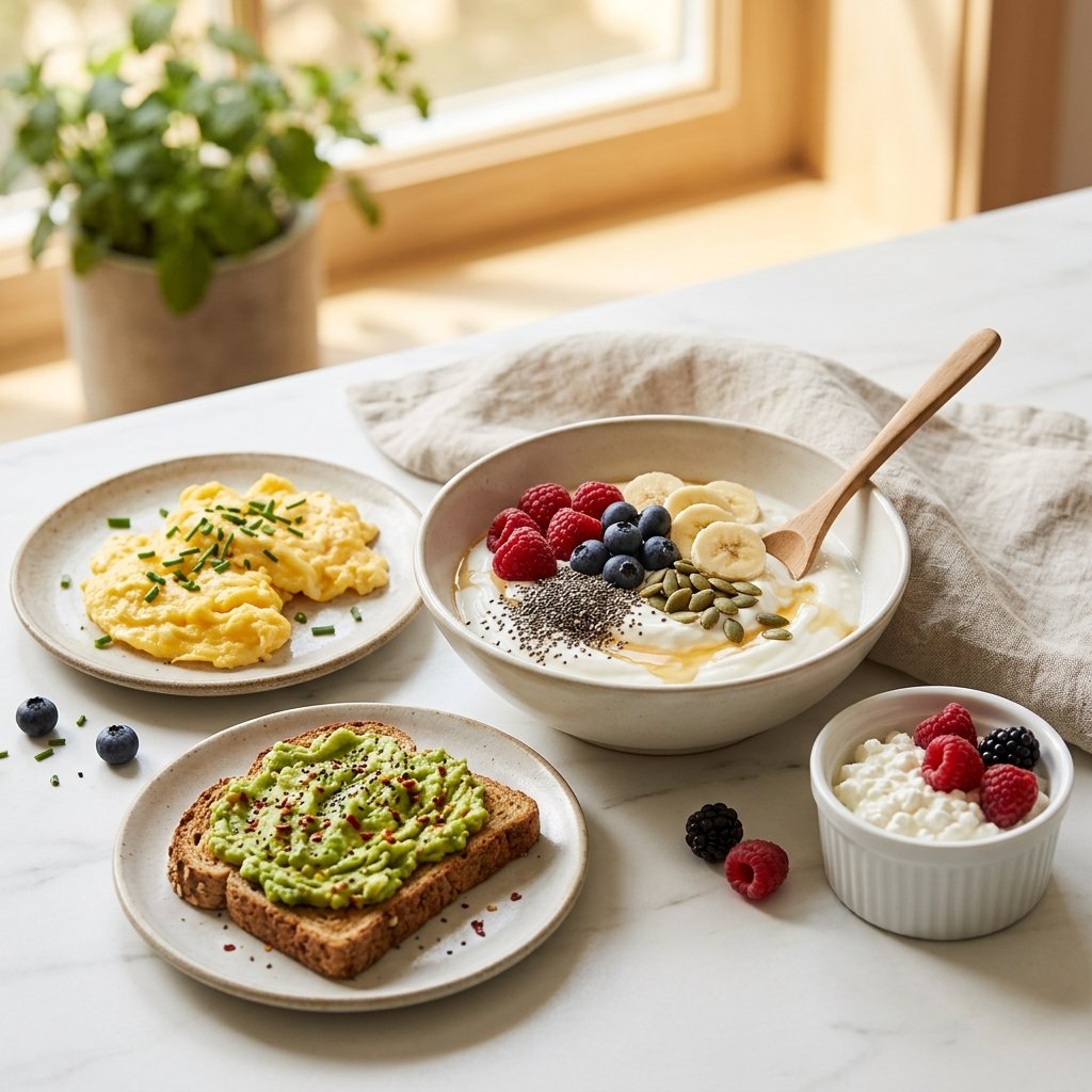 A high-protein breakfast with Greek yogurt, berries, eggs, avocado toast, and cottage cheese arranged on a white marble surface.