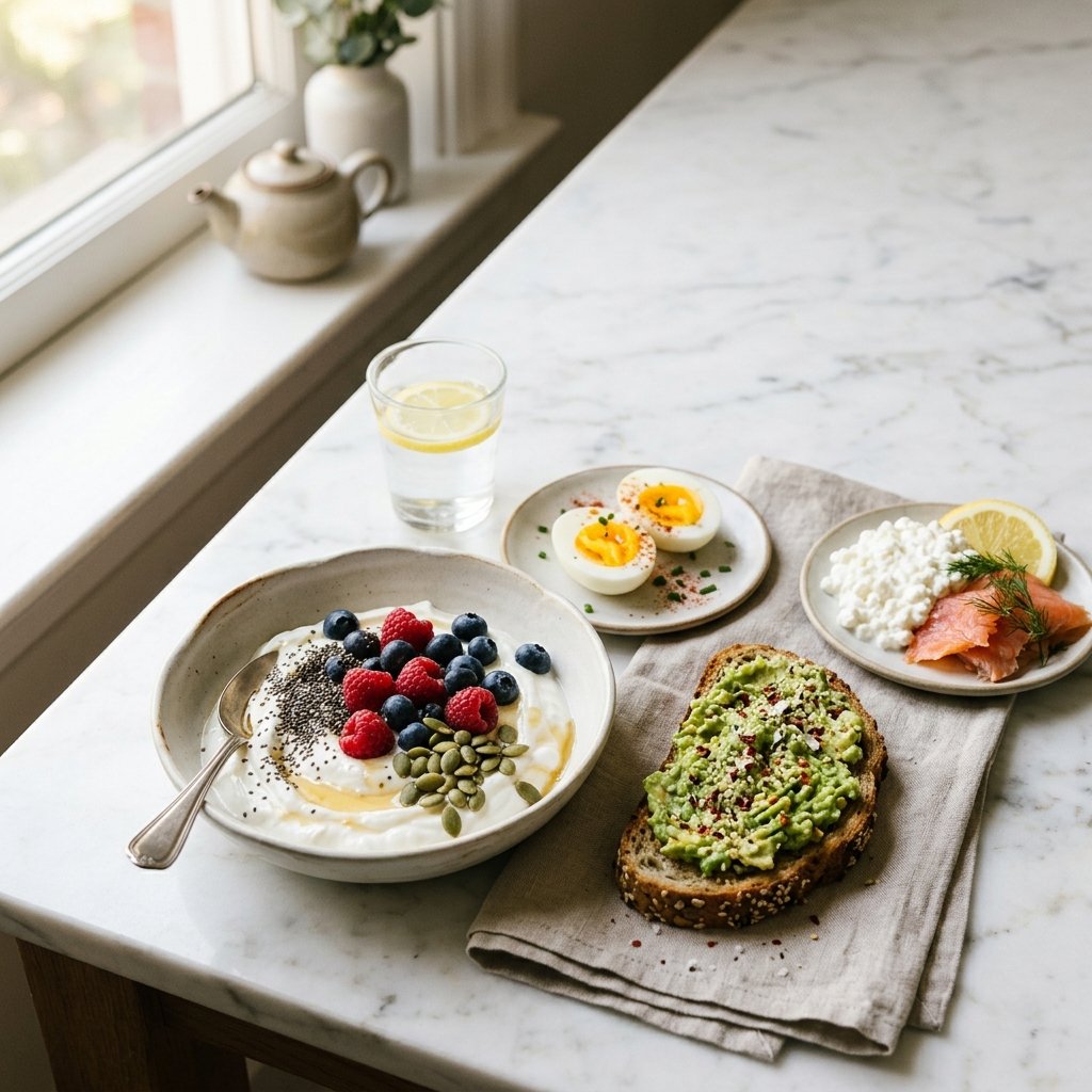 A high-protein breakfast spread with yogurt, berries, eggs, avocado toast, and smoked salmon on a white marble table.