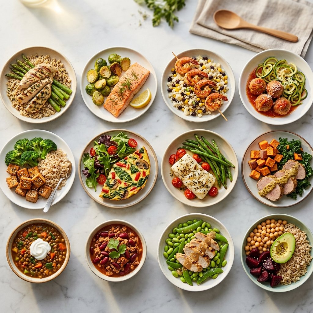 Twelve colorful high-protein dinners arranged on white plates across a marble surface.
