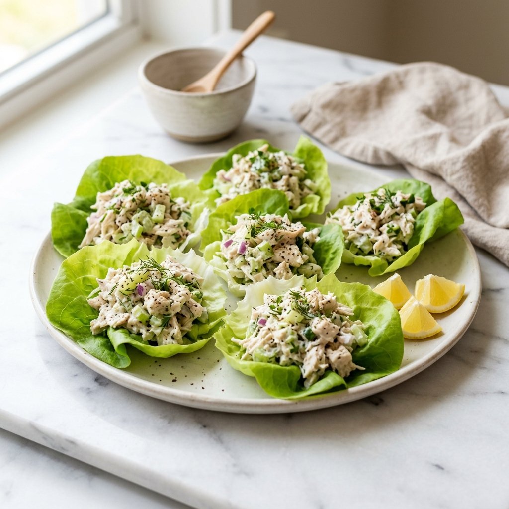 Lettuce cups filled with creamy chicken salad arranged on a white platter.