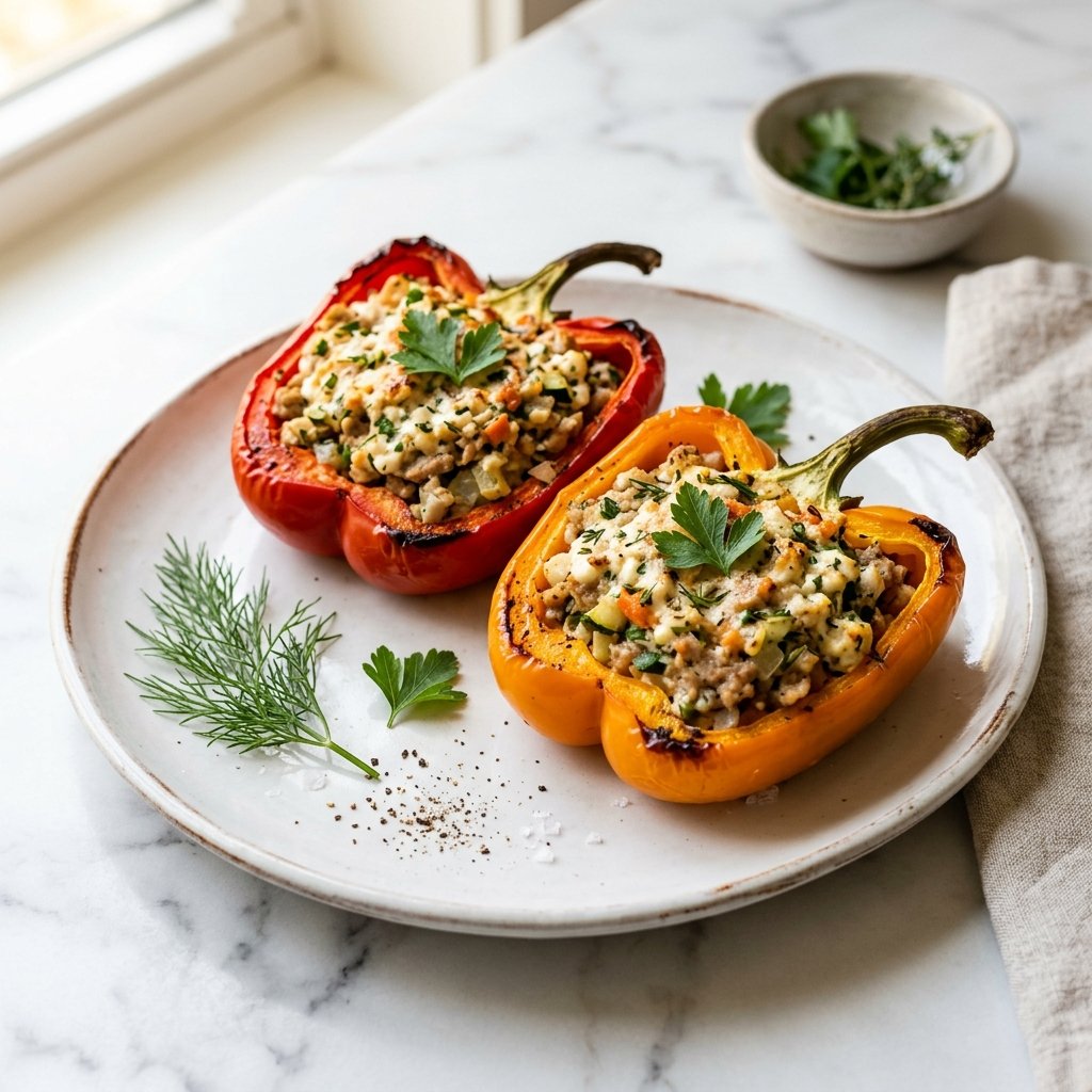 Two roasted bell pepper halves filled with turkey and cottage cheese on a white plate.