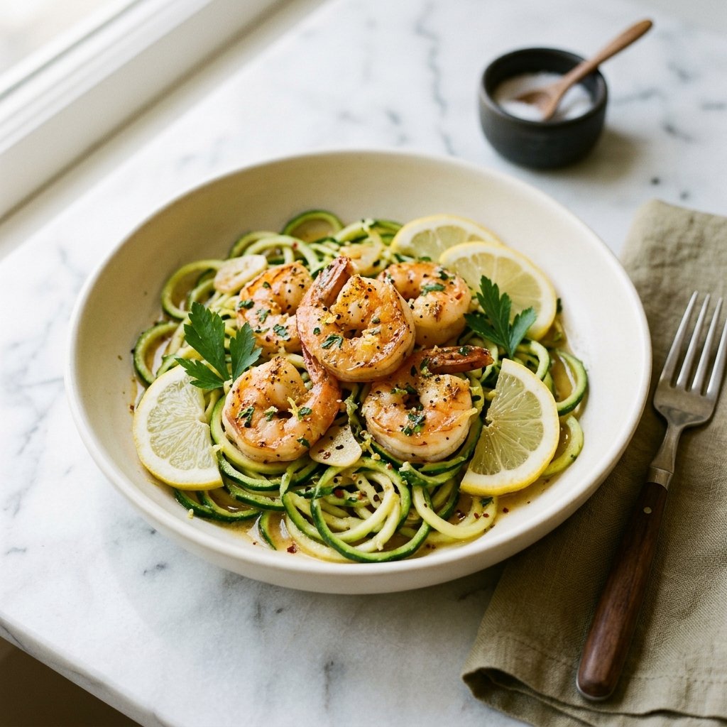 A bowl of lemon garlic shrimp served over zucchini noodles with parsley and lemon garnish on a white marble surface.