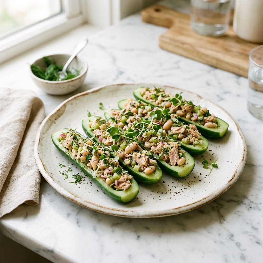 Cucumber halves filled with tuna and white beans arranged on a white plate.