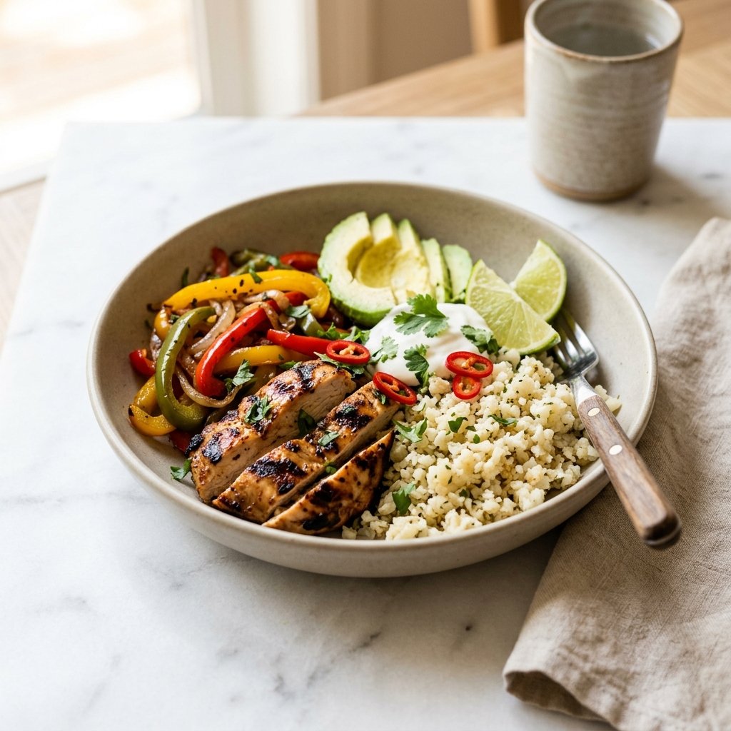 A bowl of grilled chicken, cauliflower rice, peppers, onions, avocado, cilantro, and lime on a white marble surface.