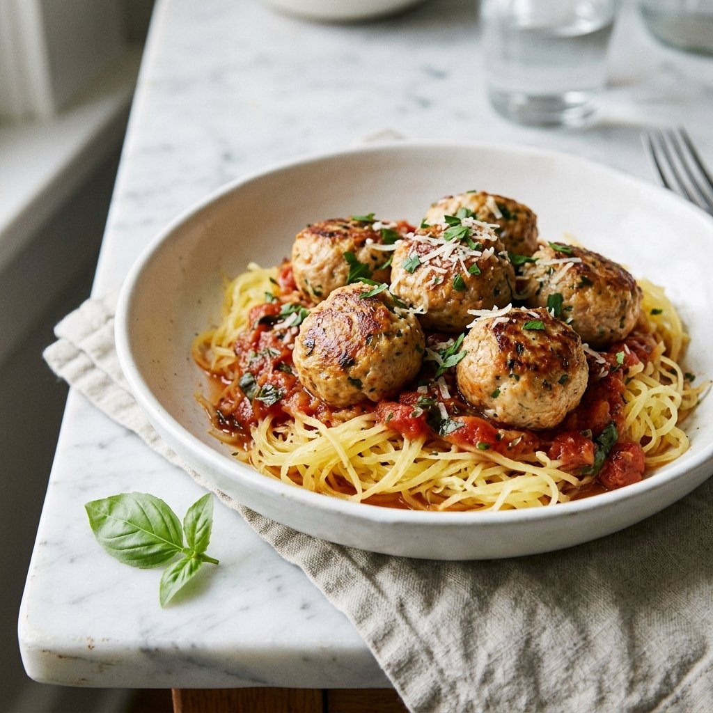 A plate of turkey meatballs with spaghetti squash and tomato sauce on a white marble surface.