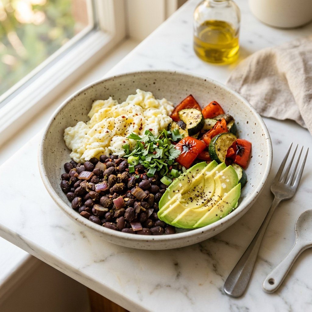 A bowl of fluffy egg whites, black beans, roasted vegetables, avocado, and fresh herbs on a white marble surface.