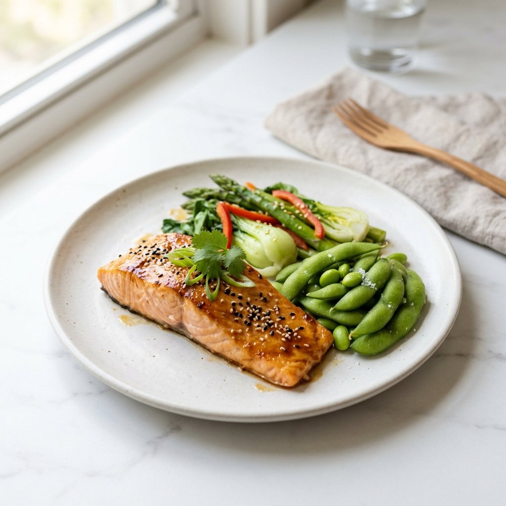 A glazed salmon fillet with steamed edamame arranged on a white plate.